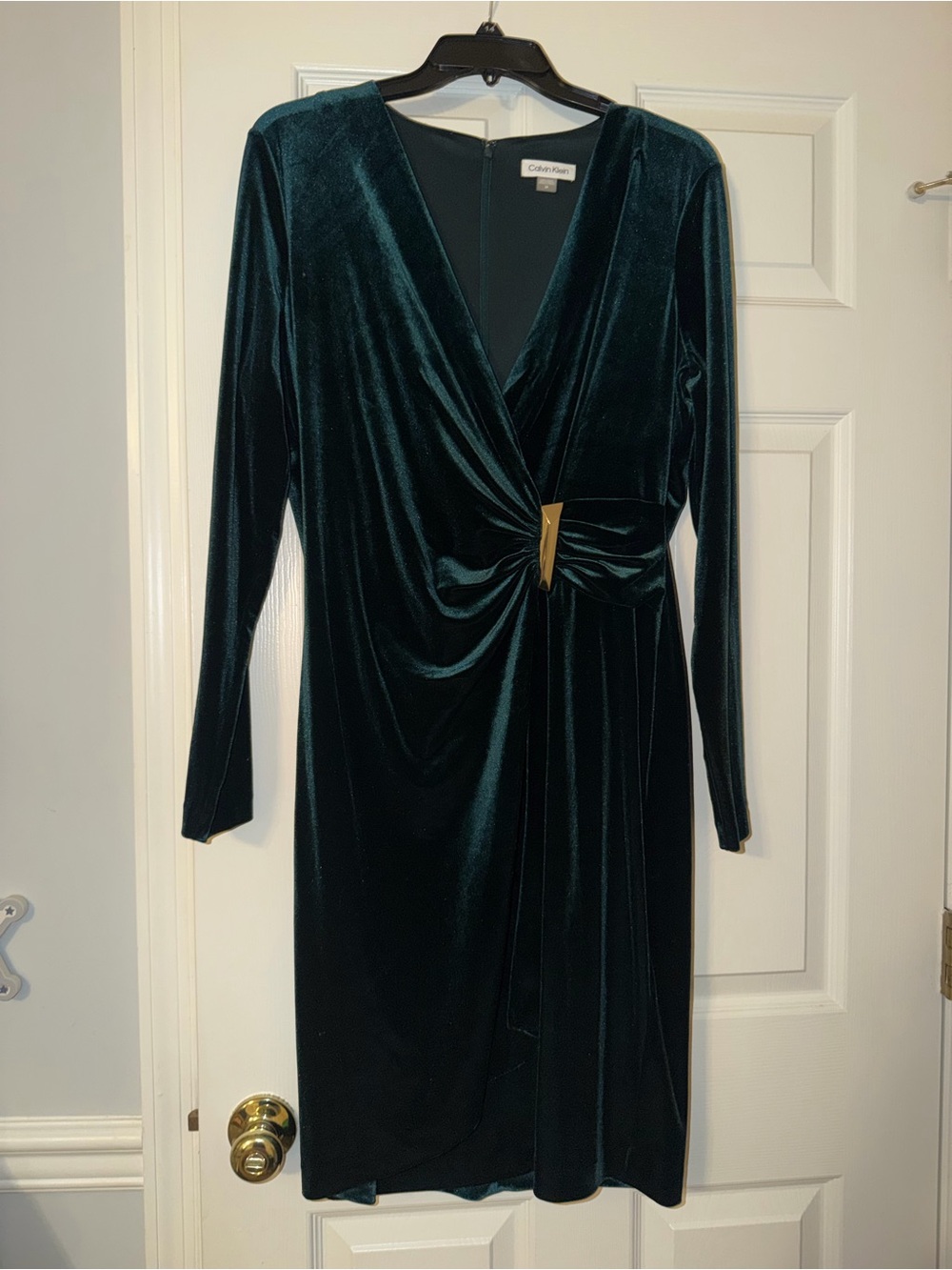 Calvin Klein Dark Green Velvet Twist-Waist Long Sleeve Dress